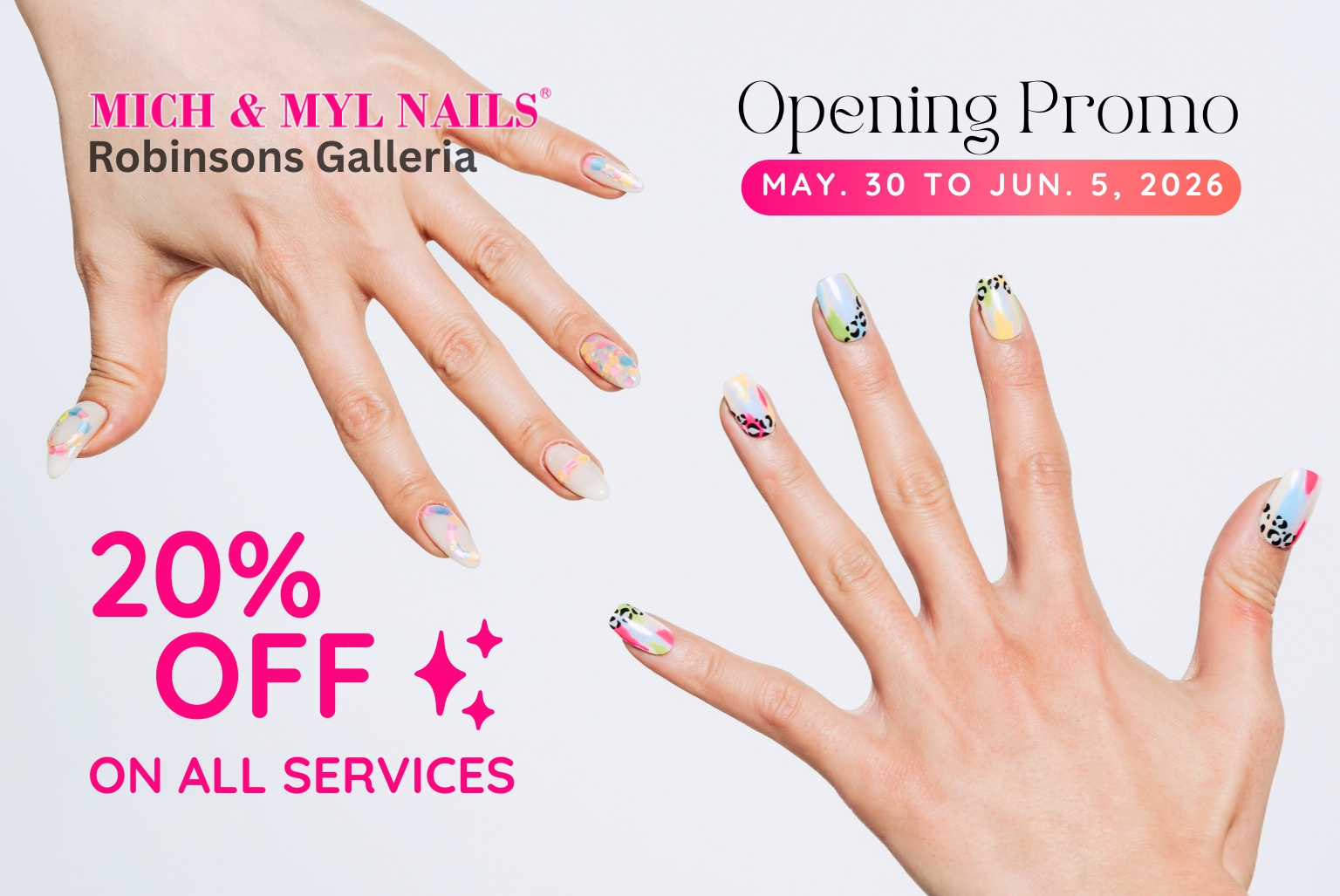 Open promo banner for Mich & Myl Nails showing manicured hands and 20% off text on a light background